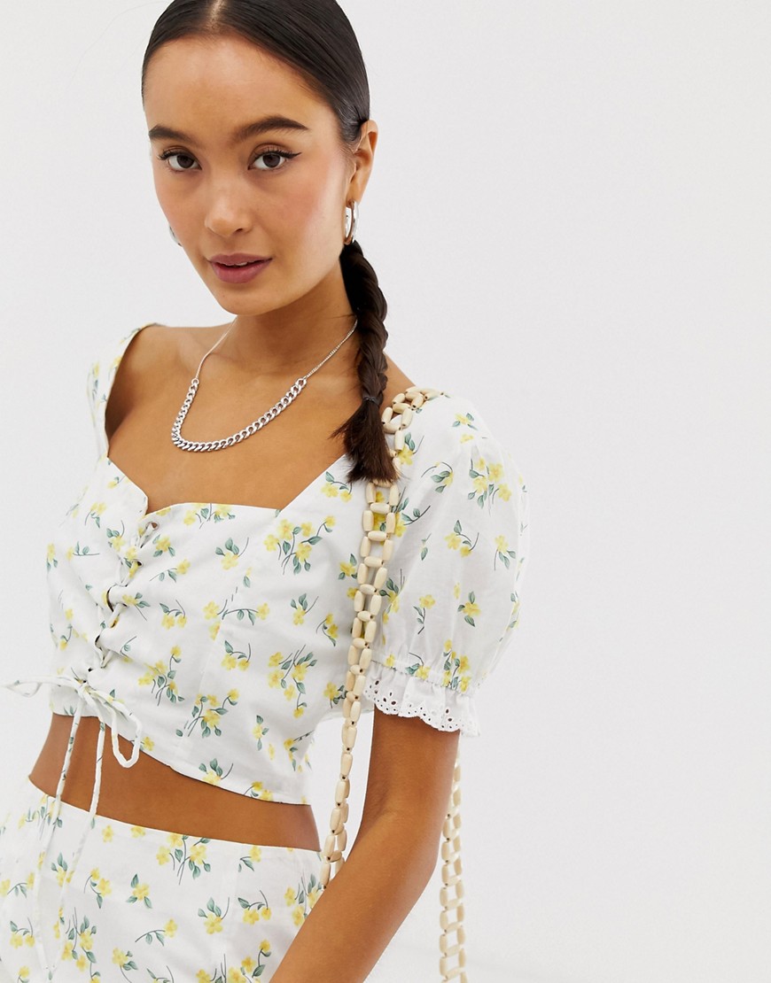 Emory Park tie front crop top in ditsy floral co-ord