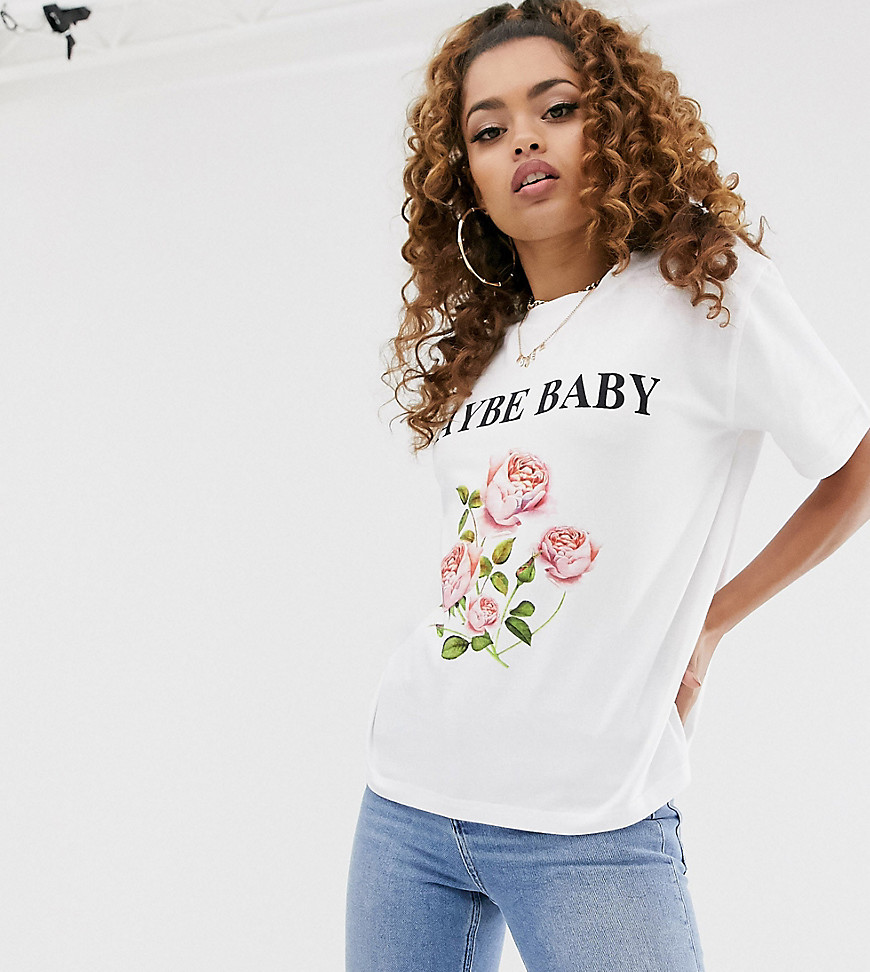 Missguided Petite maybe baby slogan t-shirt in white