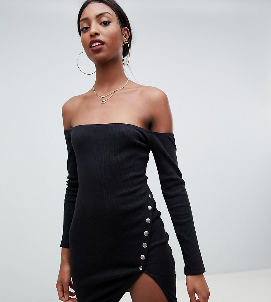 Missguided Tall exclusive tall bardot popper bodycon dress in black