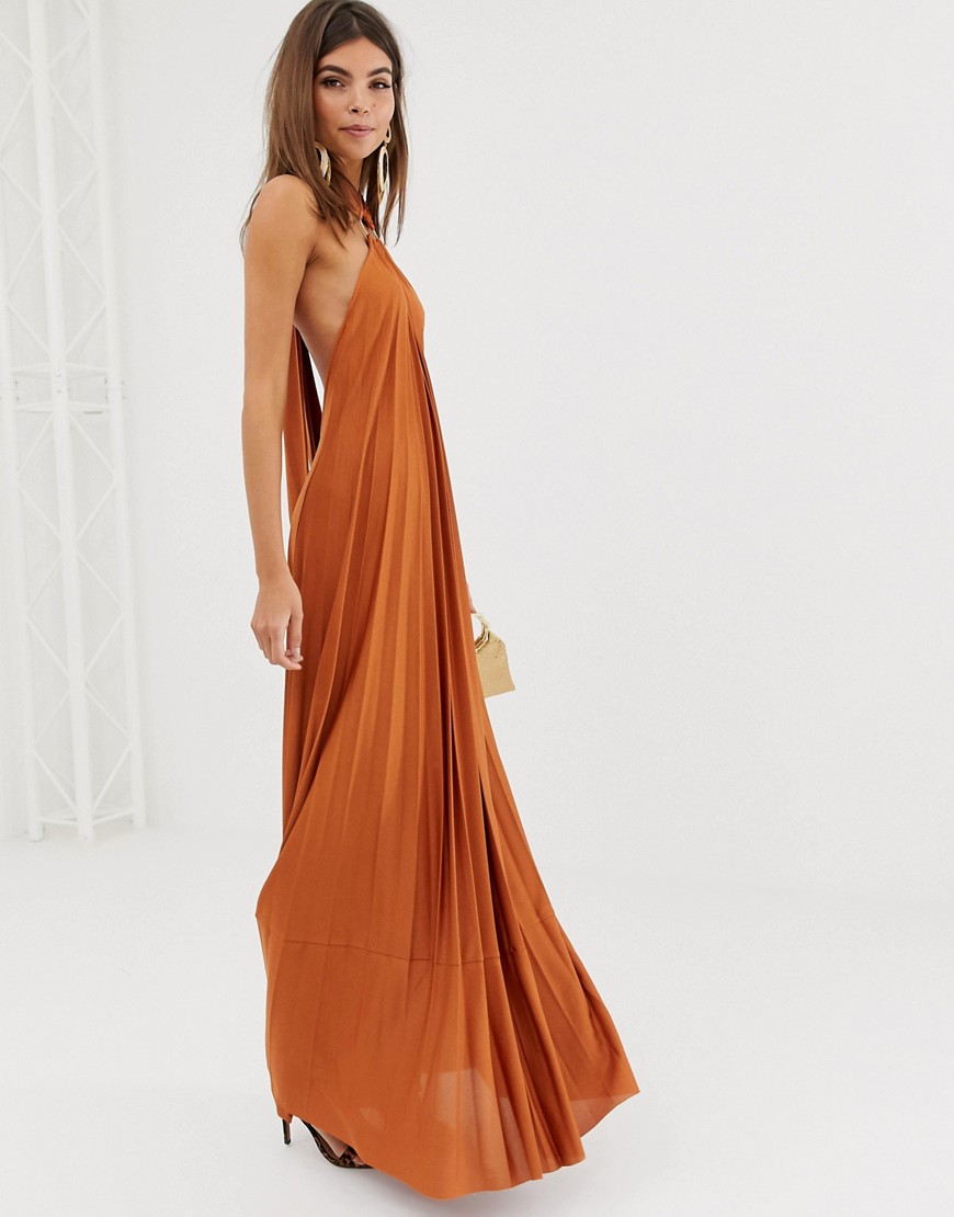 ASOS DESIGN halter trapeze pleated maxi dress with ring detail
