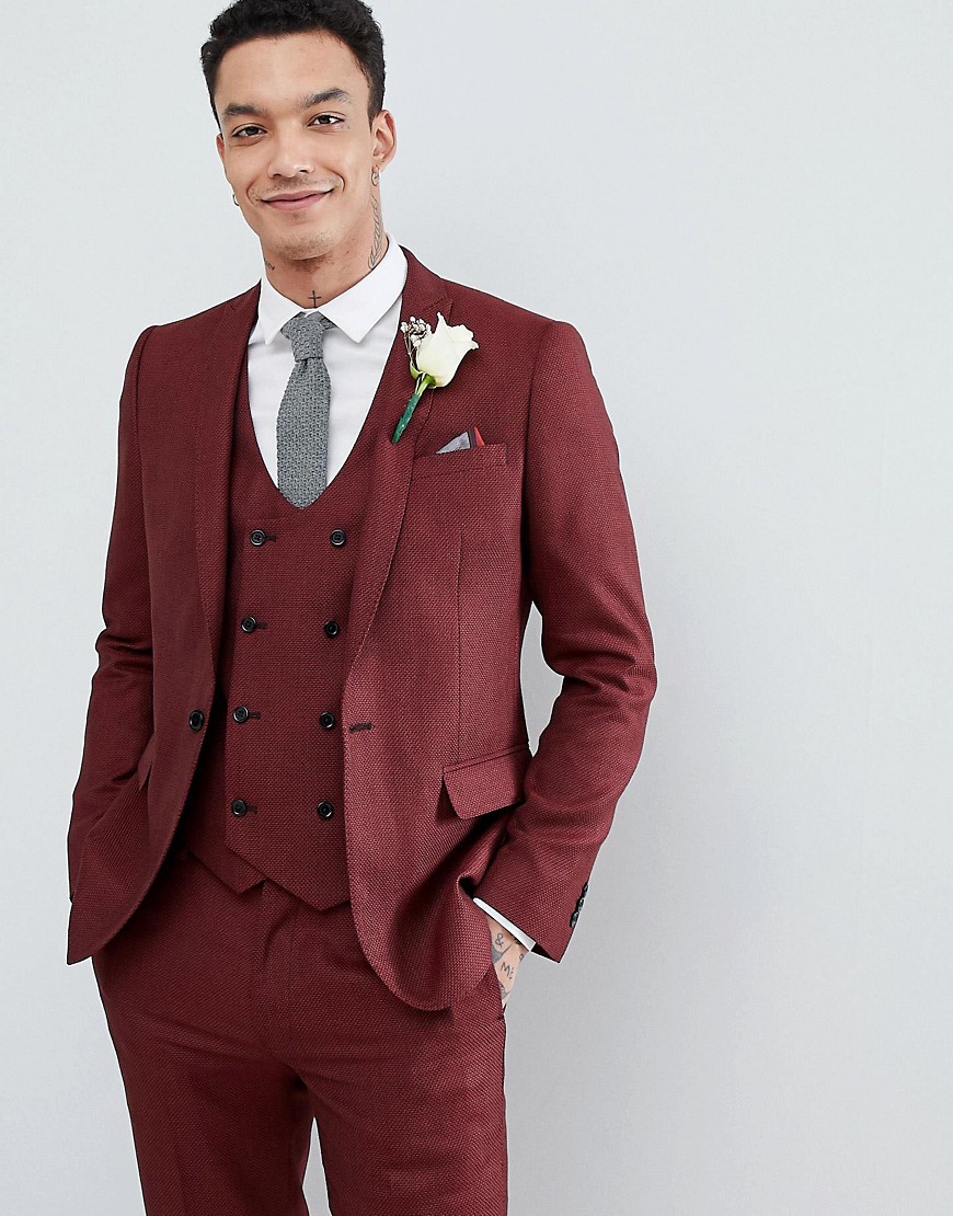 Asos Design Wedding Skinny Suit Jacket In Wine Micro Texture-red