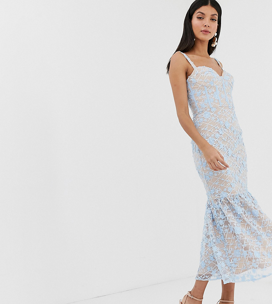 Jarlo Tall floral embroidered midi dress with peplum hem in blue