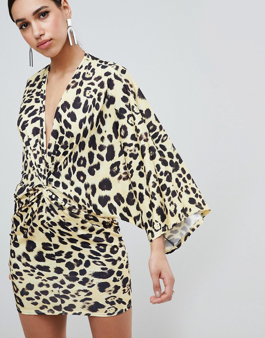 Flounce London Leopard Print Wrap Front Kimono Mini Dress