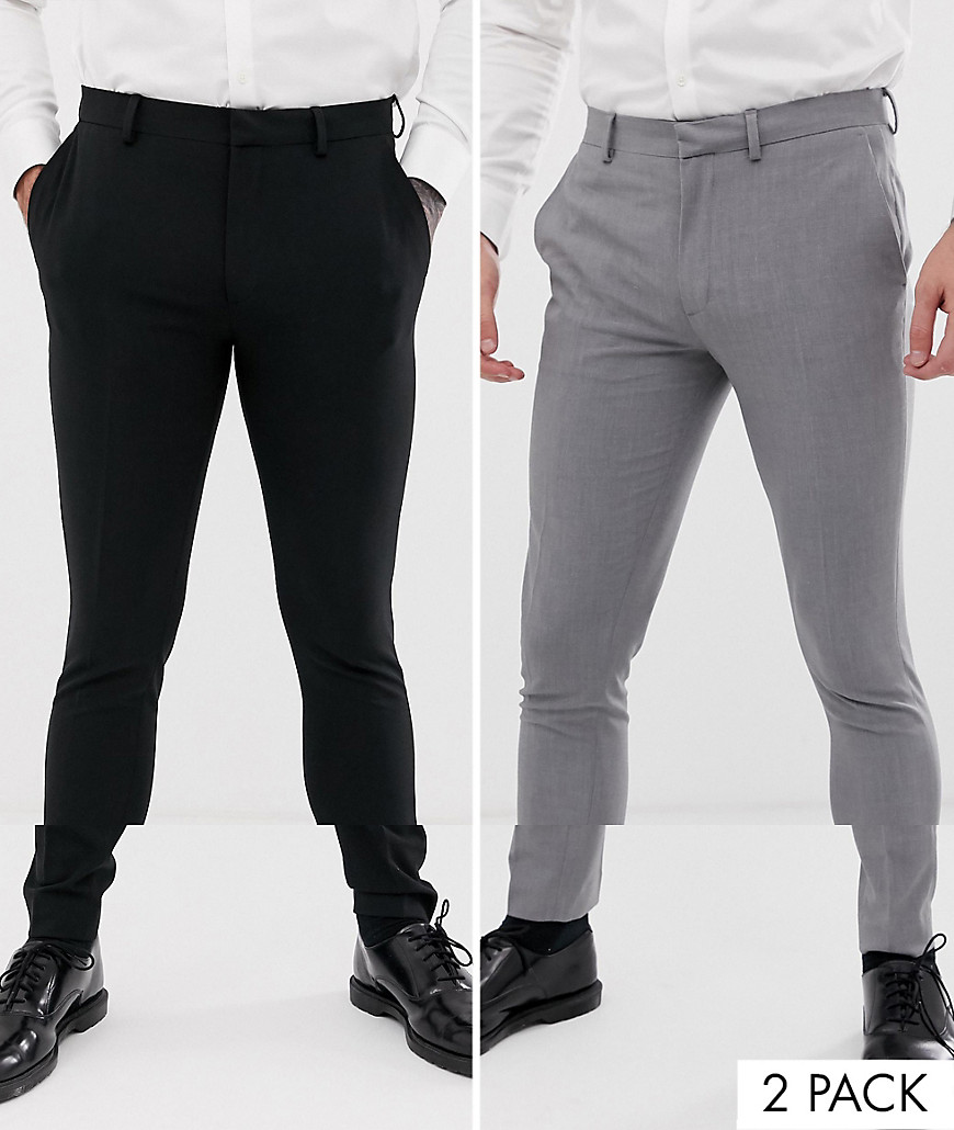 ASOS DESIGN 2 pack super skinny smart trousers in black and grey SAVE