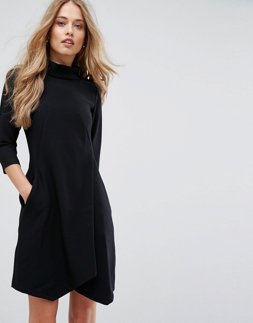 Closet London High Collared Crop Sleeved Wrap Skirt Dress - Black