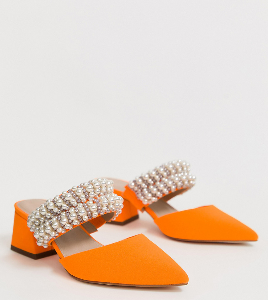 ASOS DESIGN Wide Fit Wings pearl embellished block heeled mules in neon orange