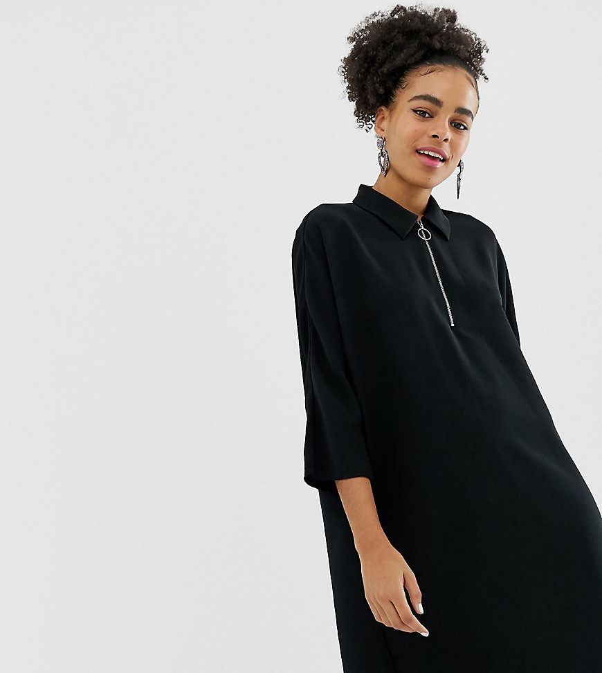 Monki zipped neck oversized shirt dress in black
