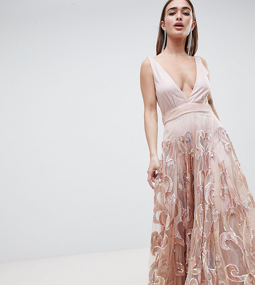 A Star is Born Petite Prom Embellished Maxi Dress in Iridescent Sequins