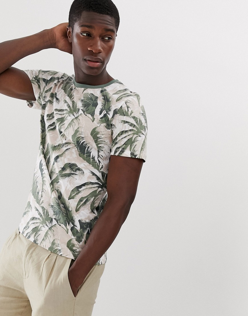 Selected Homme leaf printed t-shirt in green