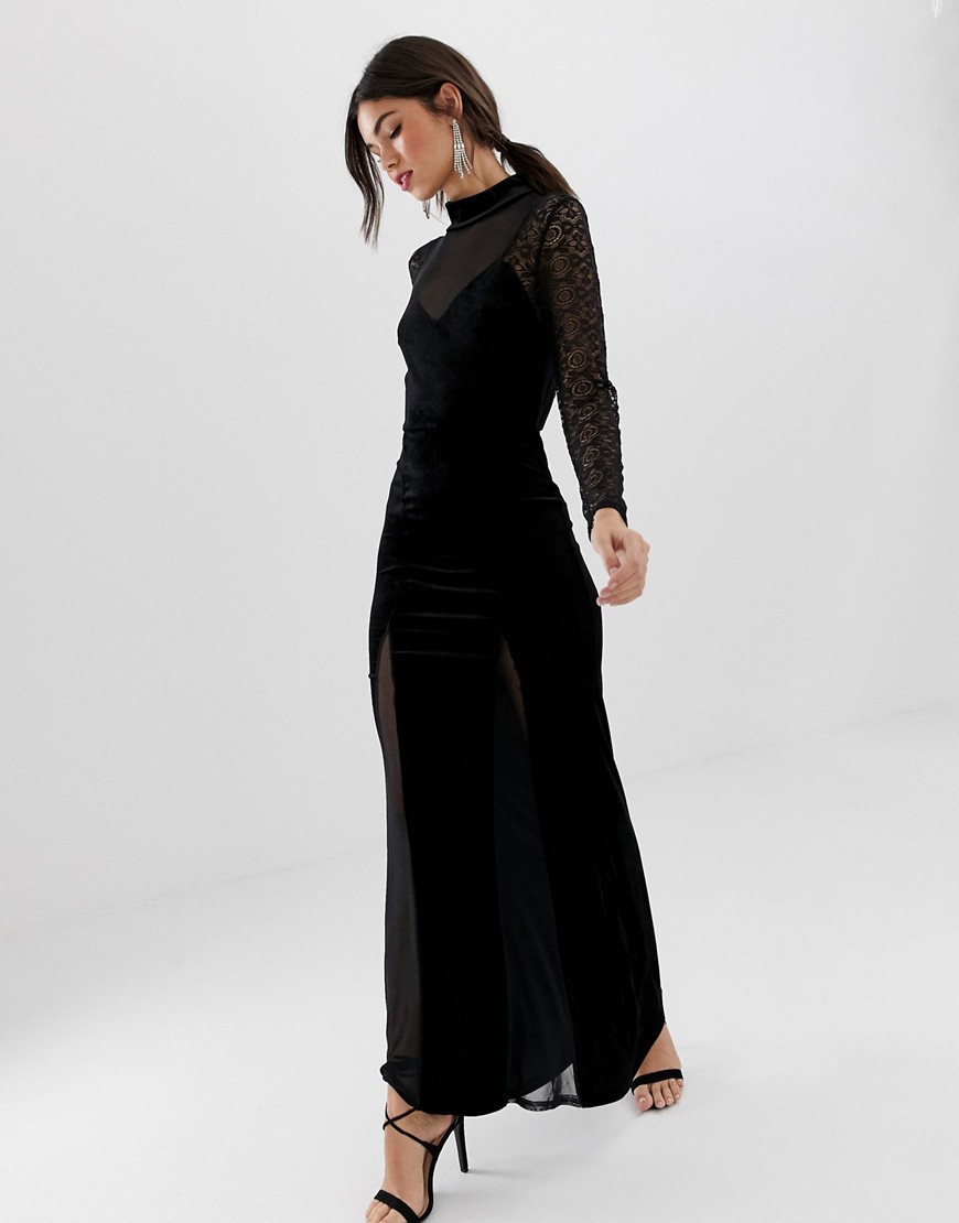 TFNC high neck sleeve maxi dress with lace detail