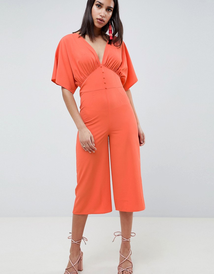 Asos Design Tea Jumpsuit With Kimono Sleeve And Button Detail-pink