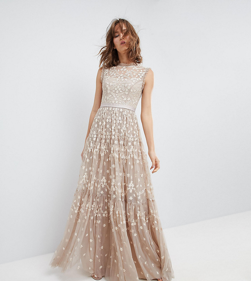 Needle & Thread High Neck Maxi Gown with Embroidery and Embellishment - Beige