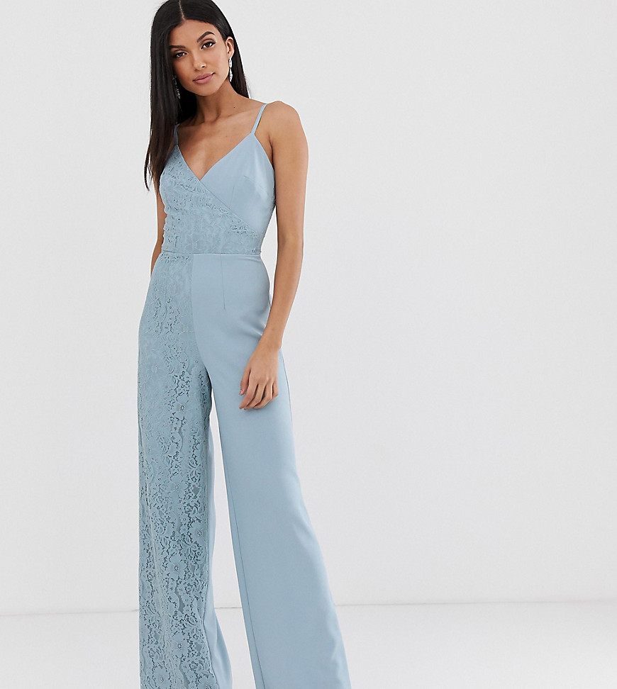 Little Mistress Tall cami strap wide leg jumpsuit with lace detail