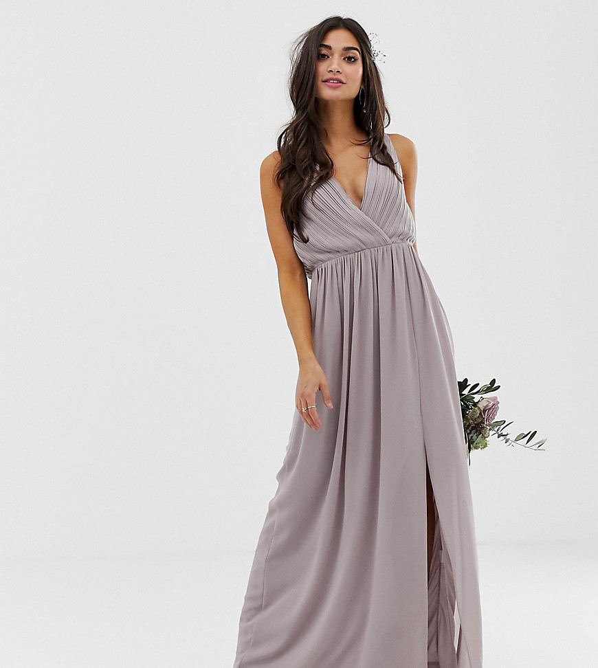 TFNC Petite bridesmaid exclusive pleated maxi dress with back detail in grey