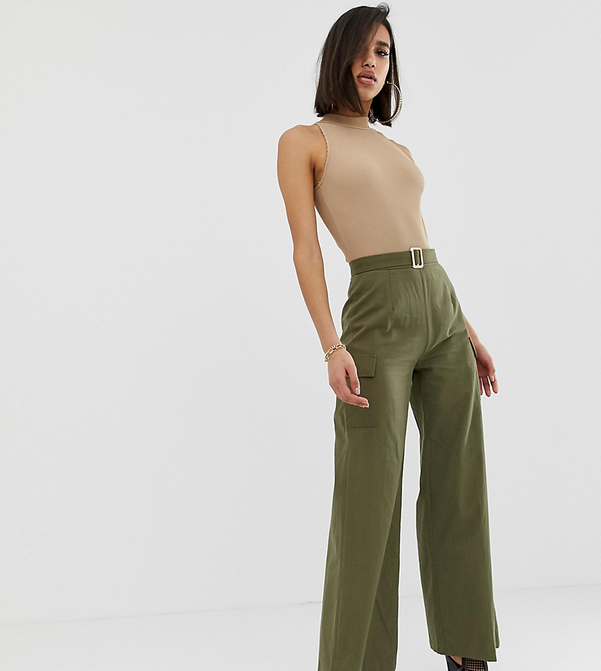 PrettyLittleThing belted cargo trousers in khaki