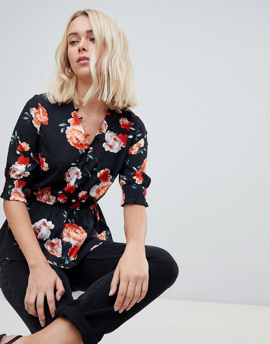 Influence shirred sleeve floral blouse with button down front