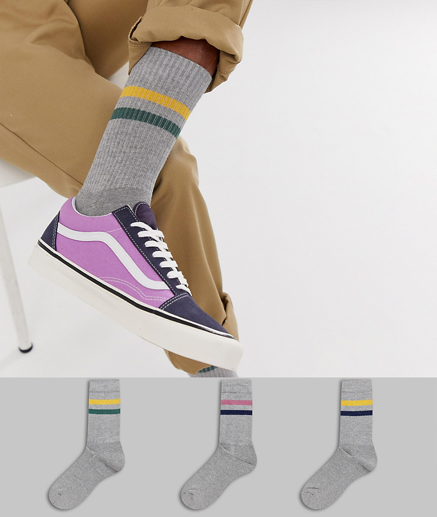 ASOS DESIGN 3 pack sports style socks in grey base with retro 2 colour stripes save