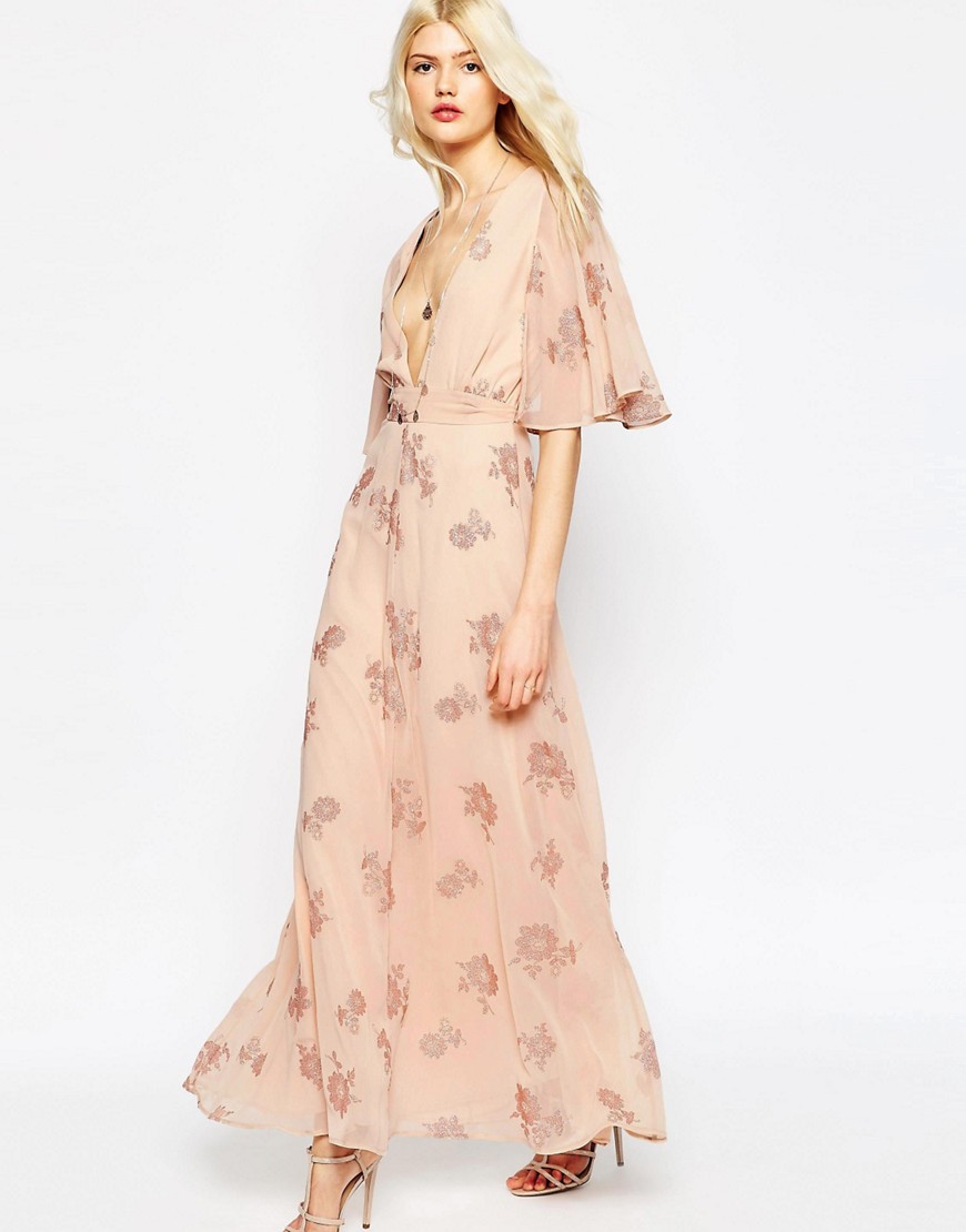 ASOS | ASOS Flutter Sleeve Maxi Dress With Pretty Florals at ASOS