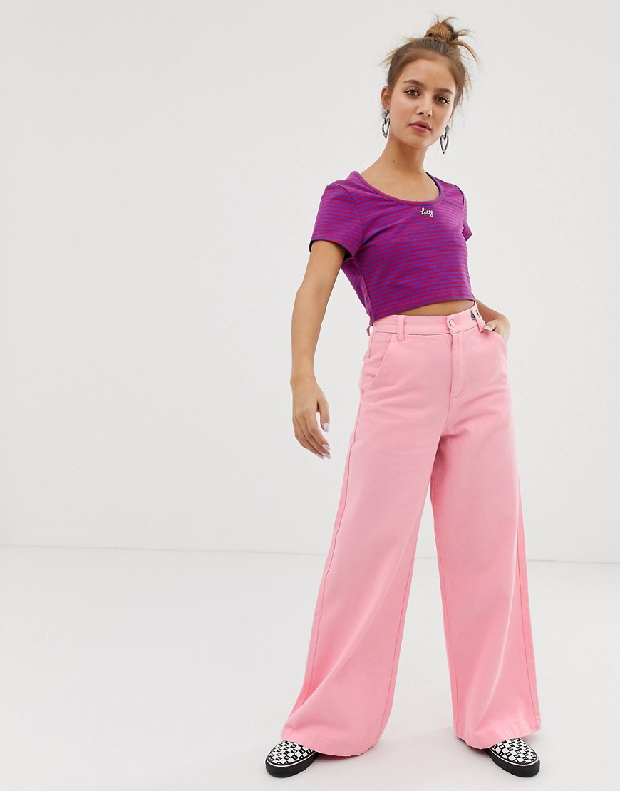 Lazy Oaf wide leg jeans with floral embroidery