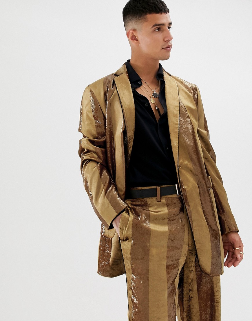 ASOS DESIGN oversized suit jacket in tonal velvet mustard stripe