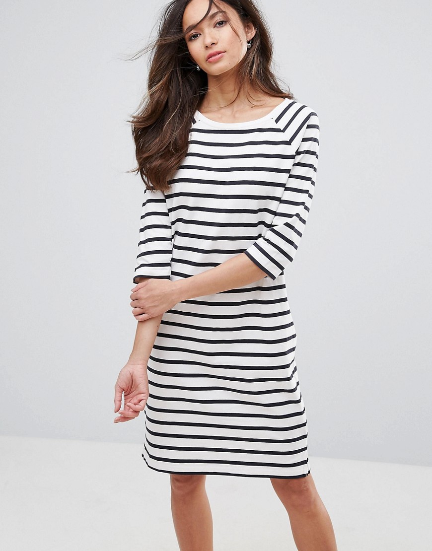 Selected Natali 3/4 Sleeve Striped Jersey Shift Dress - Snow white