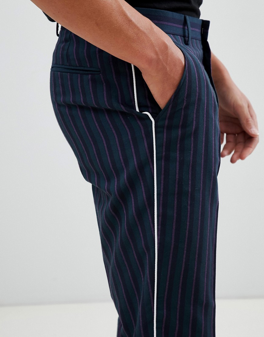 ASOS DESIGN slim smart trouser in stripe with white piping