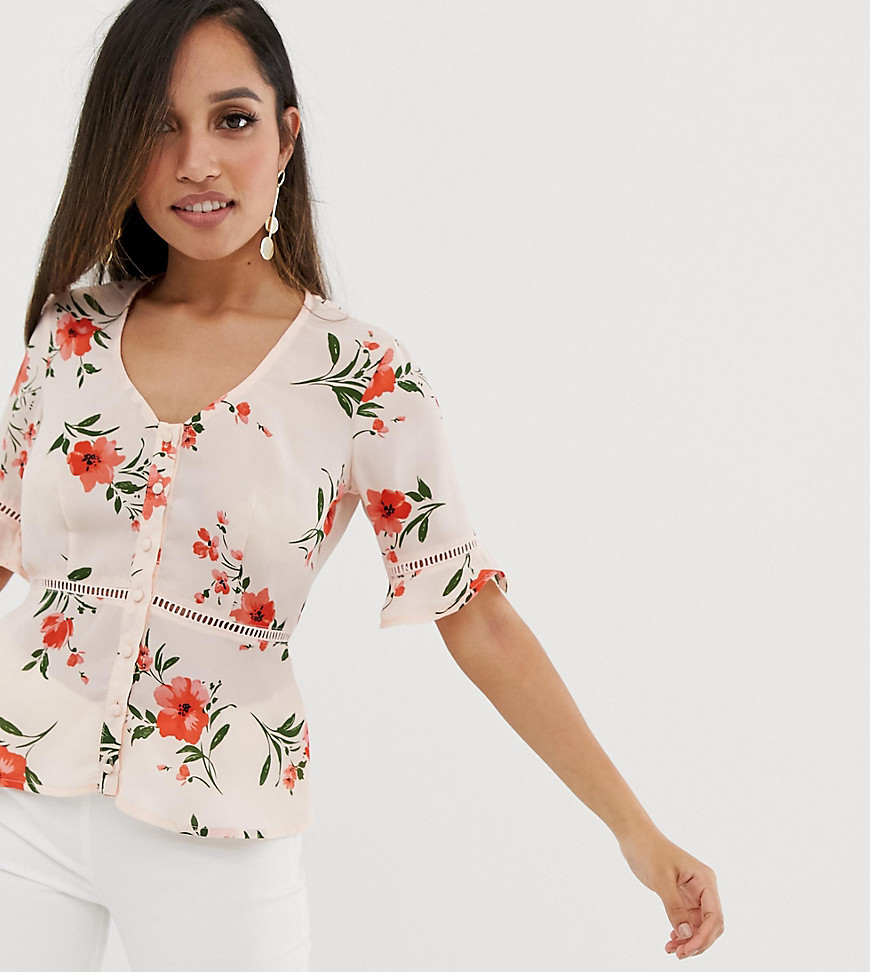 Fashion Union Petite button front top with ladder detail in ditsy floral