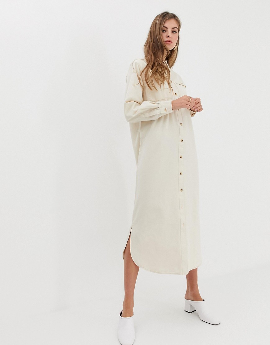 ASOS DESIGN Denim Midi Shirt Dress in Ecru with Horn buttons