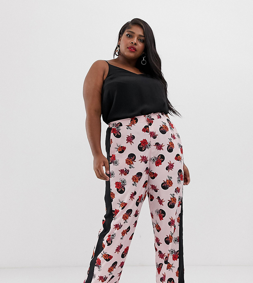 Neon Rose Plus wide leg trousers with side stripe in spot floral