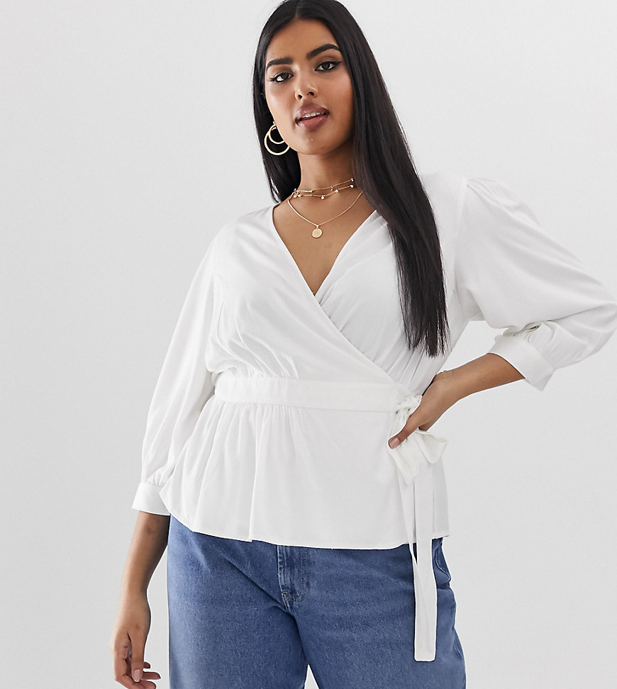 Vero Moda Curve wrap 3/4 sleeve blouse in white