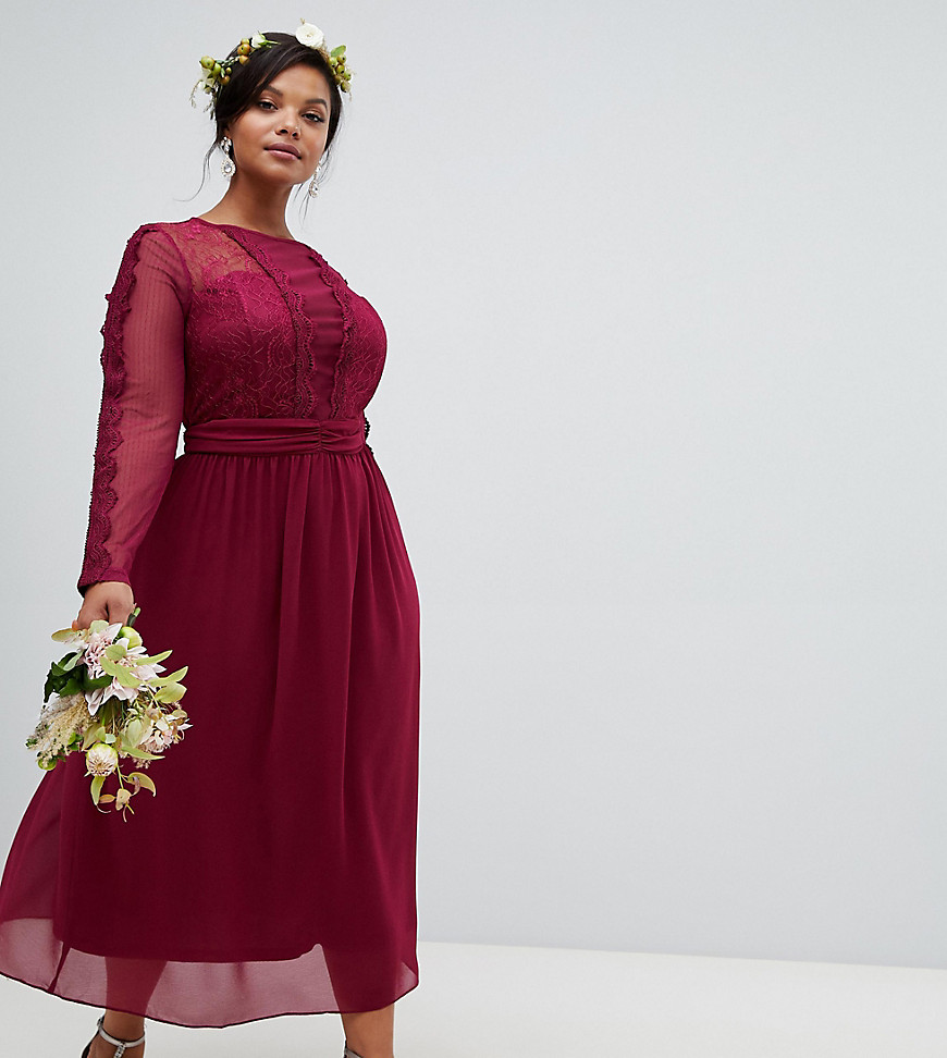 TFNC Plus lace detail bridesmaid midi dress in burgundy - Burgundy
