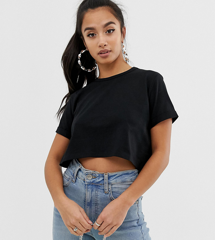 ASOS DESIGN Petite organic cotton crop t-shirt with roll sleeve in black