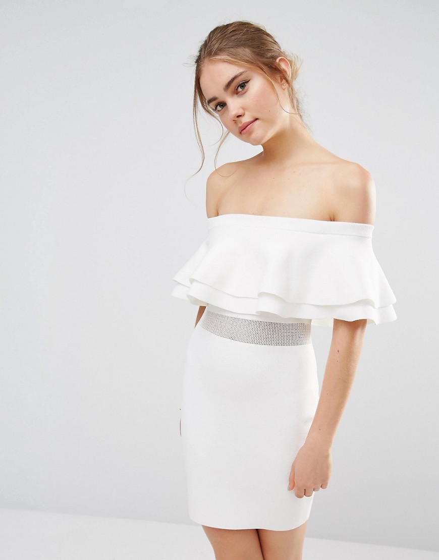 Endless Rose Knitted Ruffle Mesh Panel Mini Dress - Off white