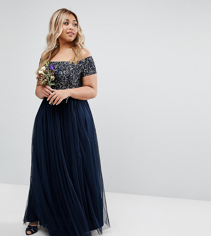 Maya Plus Bardot Maxi Dress With Delicate Sequin And Tulle Skirt - Navy