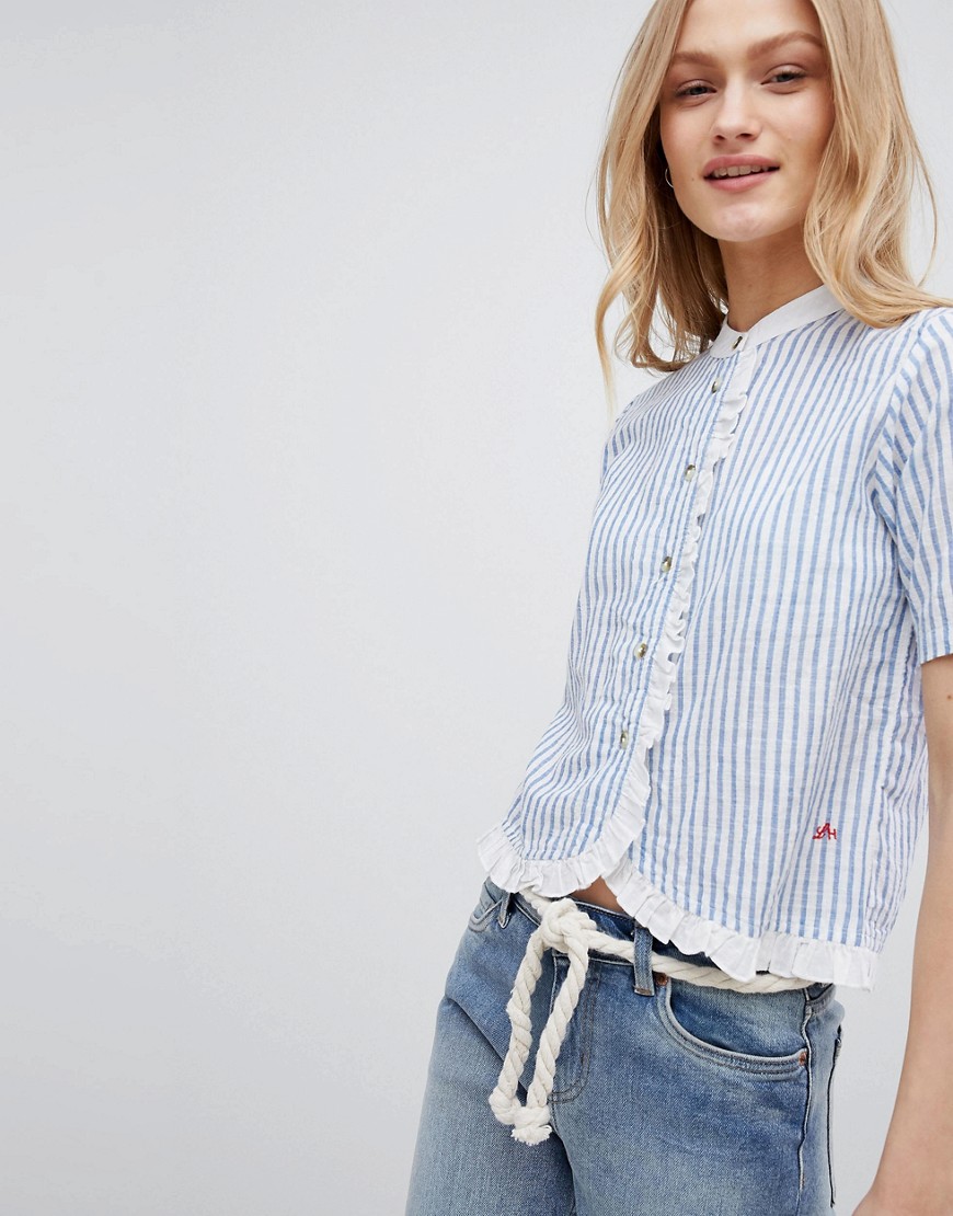 Leon and Harper Short Sleeved Shirt with Ruffle - Blue