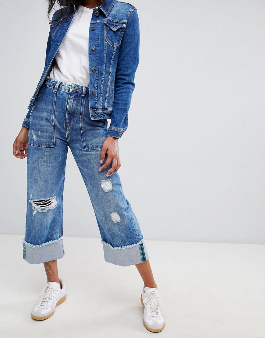Pepe Jeans Wiser Wash High Rise Straight Leg Jean with Roll Hem Detail