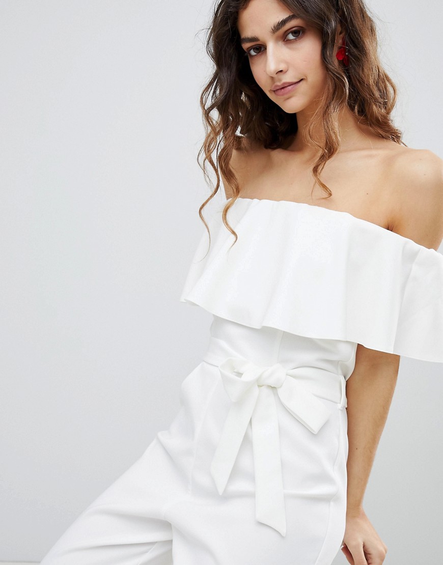 Miss Selfridge off the shoulder jumpsuit with tie waist in white - Ivory