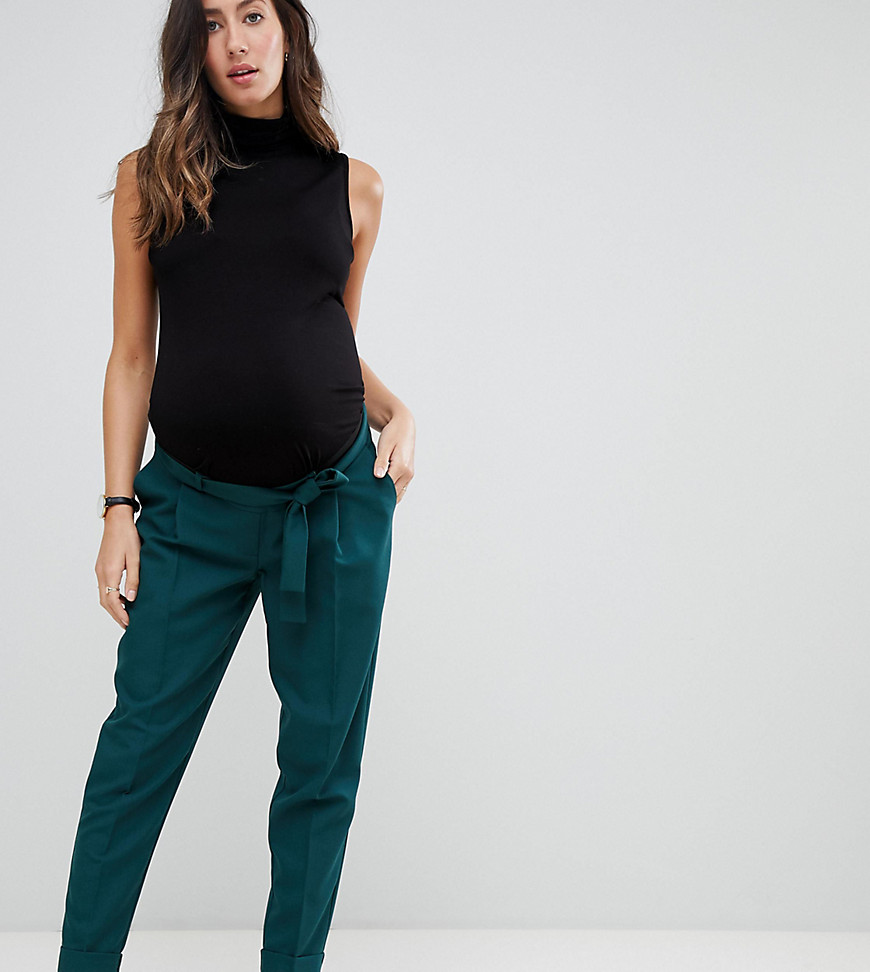 ASOS DESIGN Maternity woven peg trousers with obi tie - Forest green