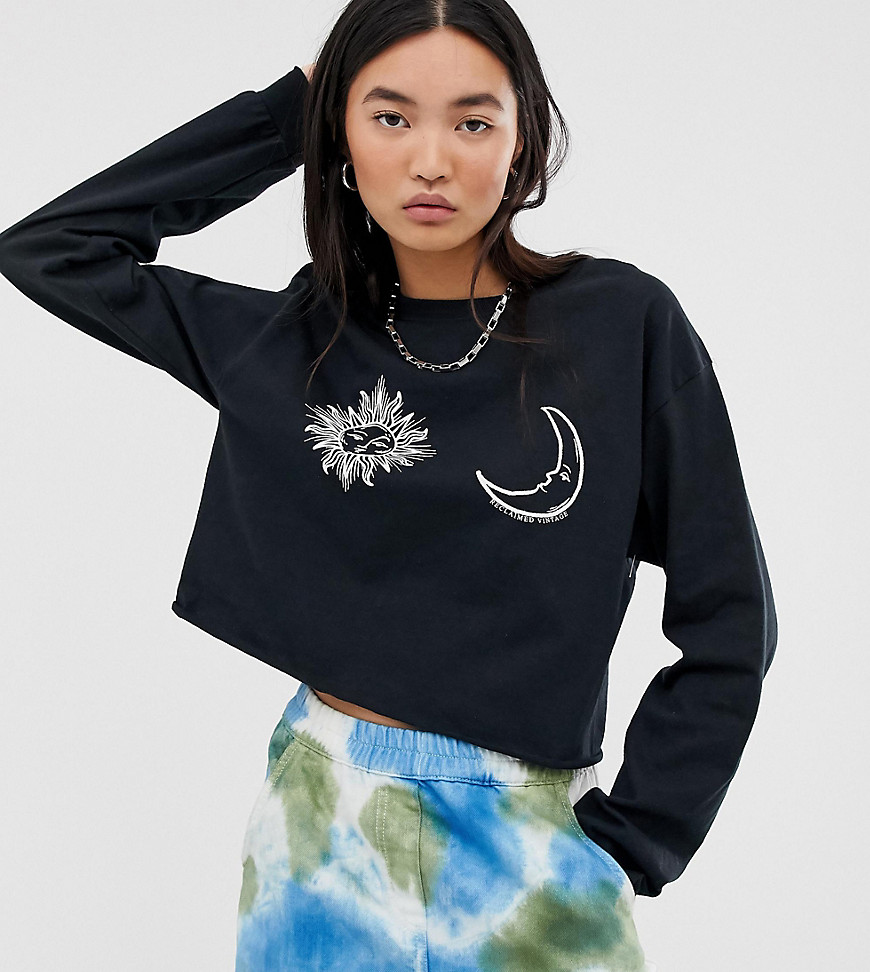 Reclaimed Vintage inspired cropped long sleeve t-shirt sun and moon faces print