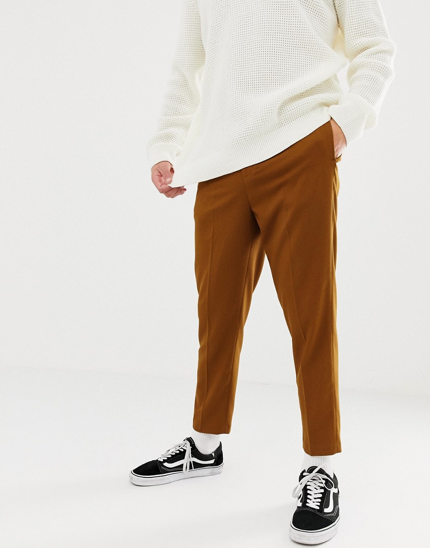 ASOS DESIGN heavyweight tapered crop smart trouser with pleats in camel