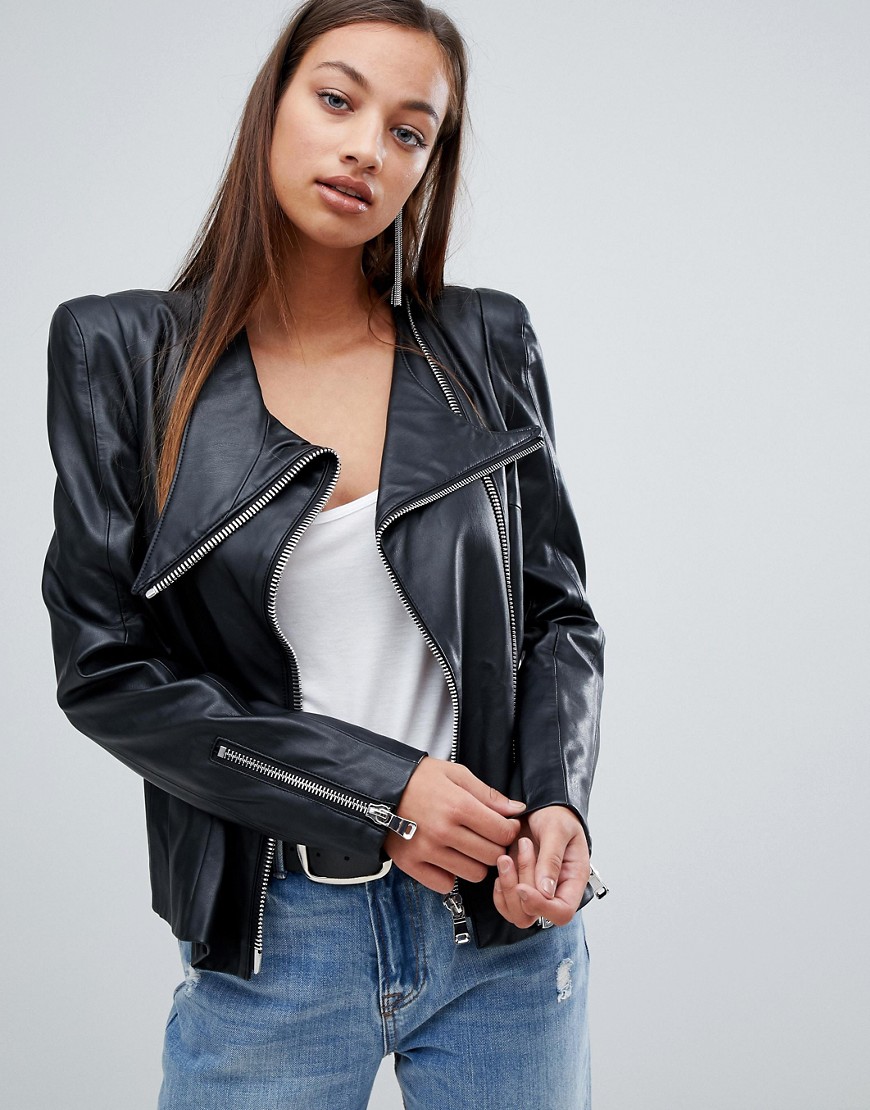 Forever Unique faux leather jacket with shoulder pads