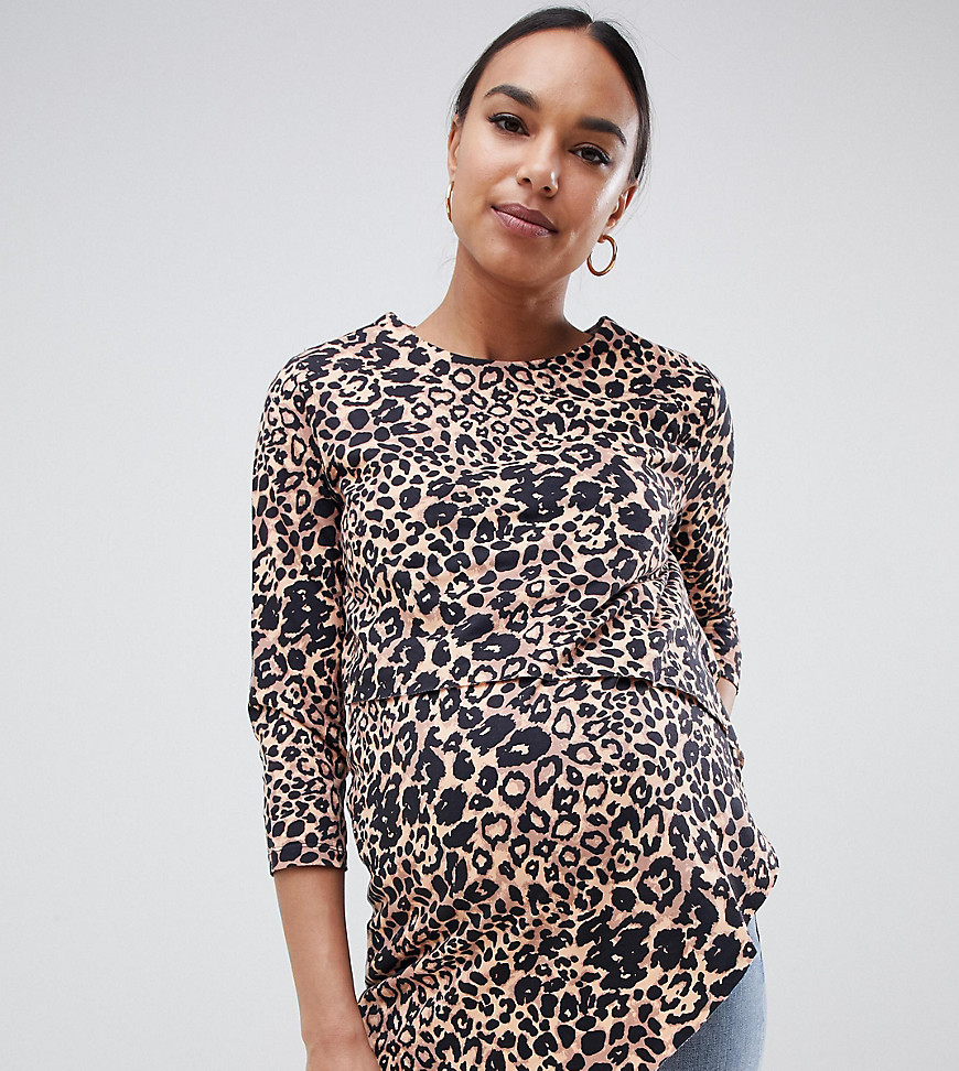 ASOS DESIGN Maternity nursing asymmetric top with double layer in natural leopard print