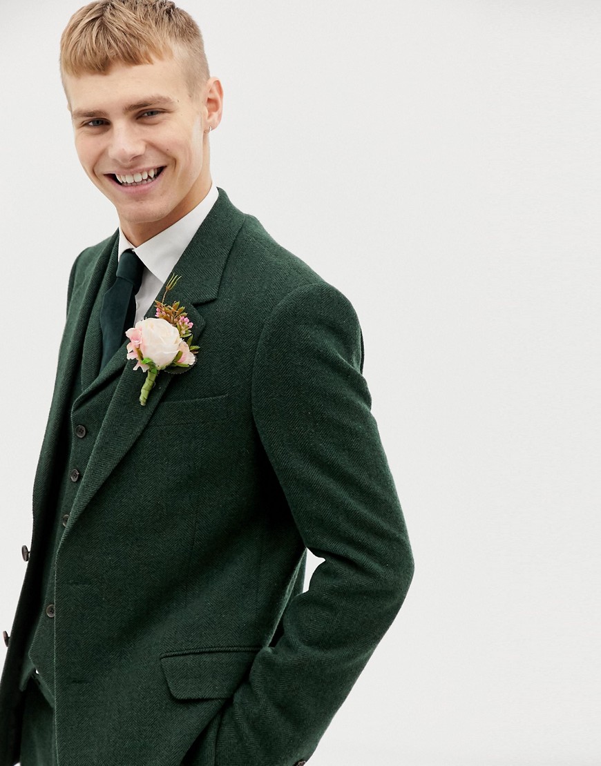 ASOS DESIGN wedding slim suit jacket in green wool mix herringbone