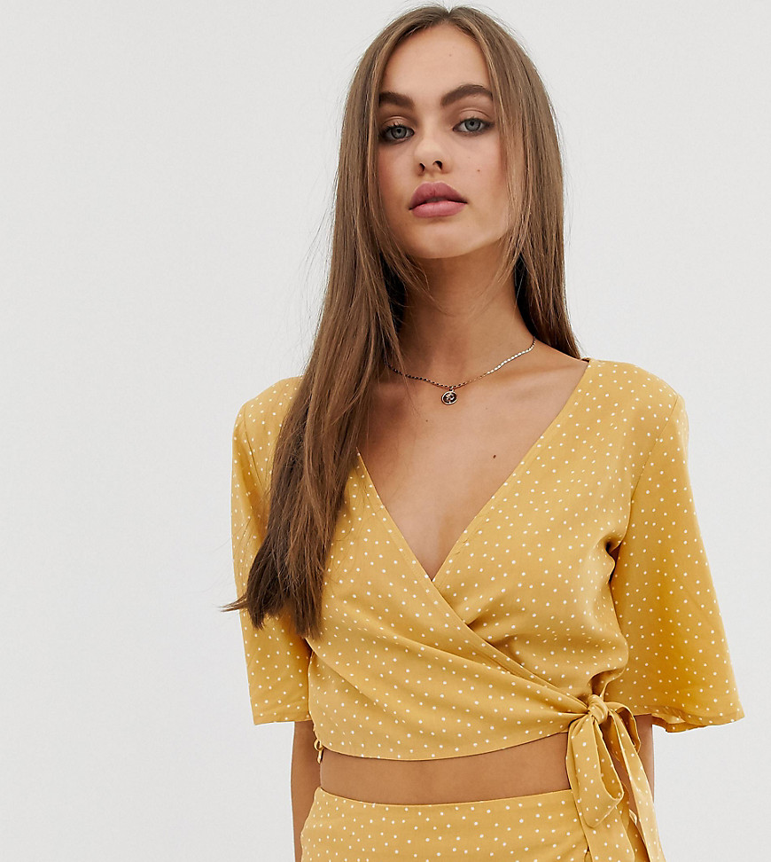 Pull&Bear pacific wrap top co ord in yellow polka dot print