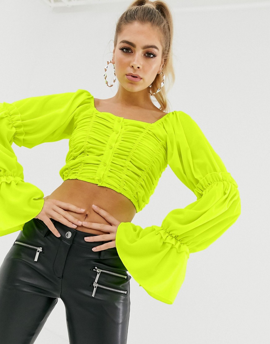 Club L square neck pleated ruffle top in neon green