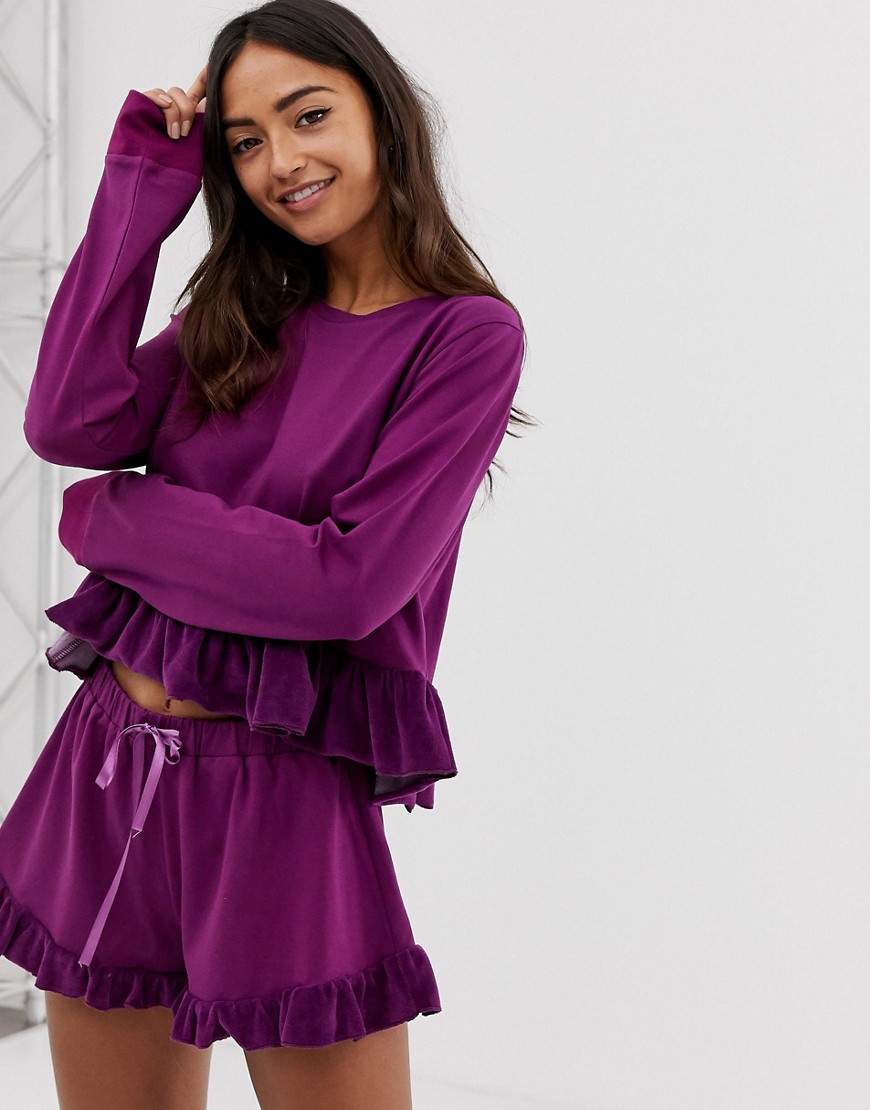 Hey Peachy pyjama short set with velvet ruffle detail in purple