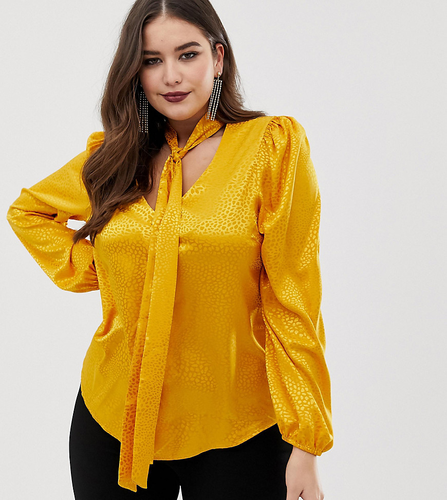 John Zack Plus plunge front blouse with neck tie in mustard