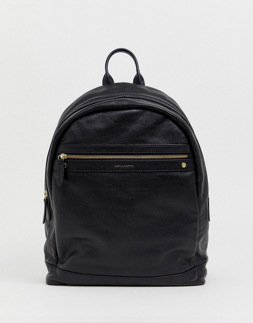 Asos Design Leather Backpack In Black Saffiano With Gold Zips And Emboss
