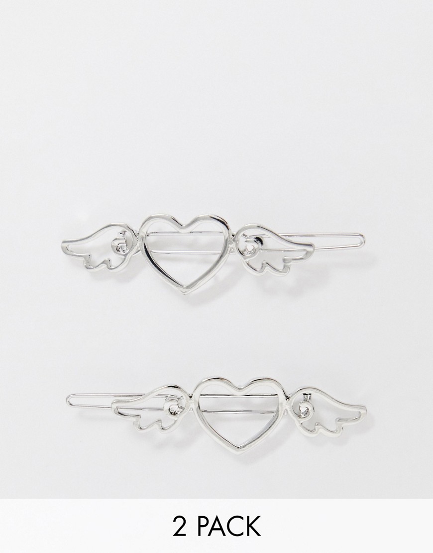 Asos Design Pack Of 2 Hair Clips In Angel Heart Design In Silver Tone