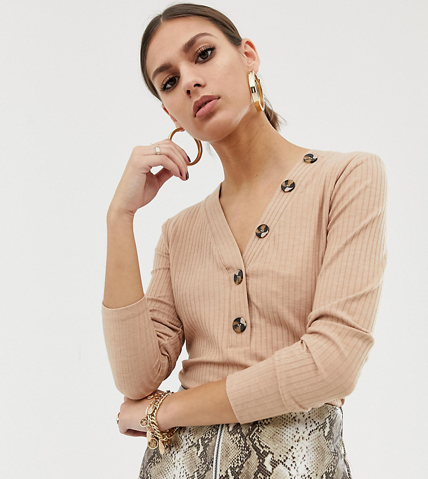Na-kd ribbed cropped top with button detail in beige
